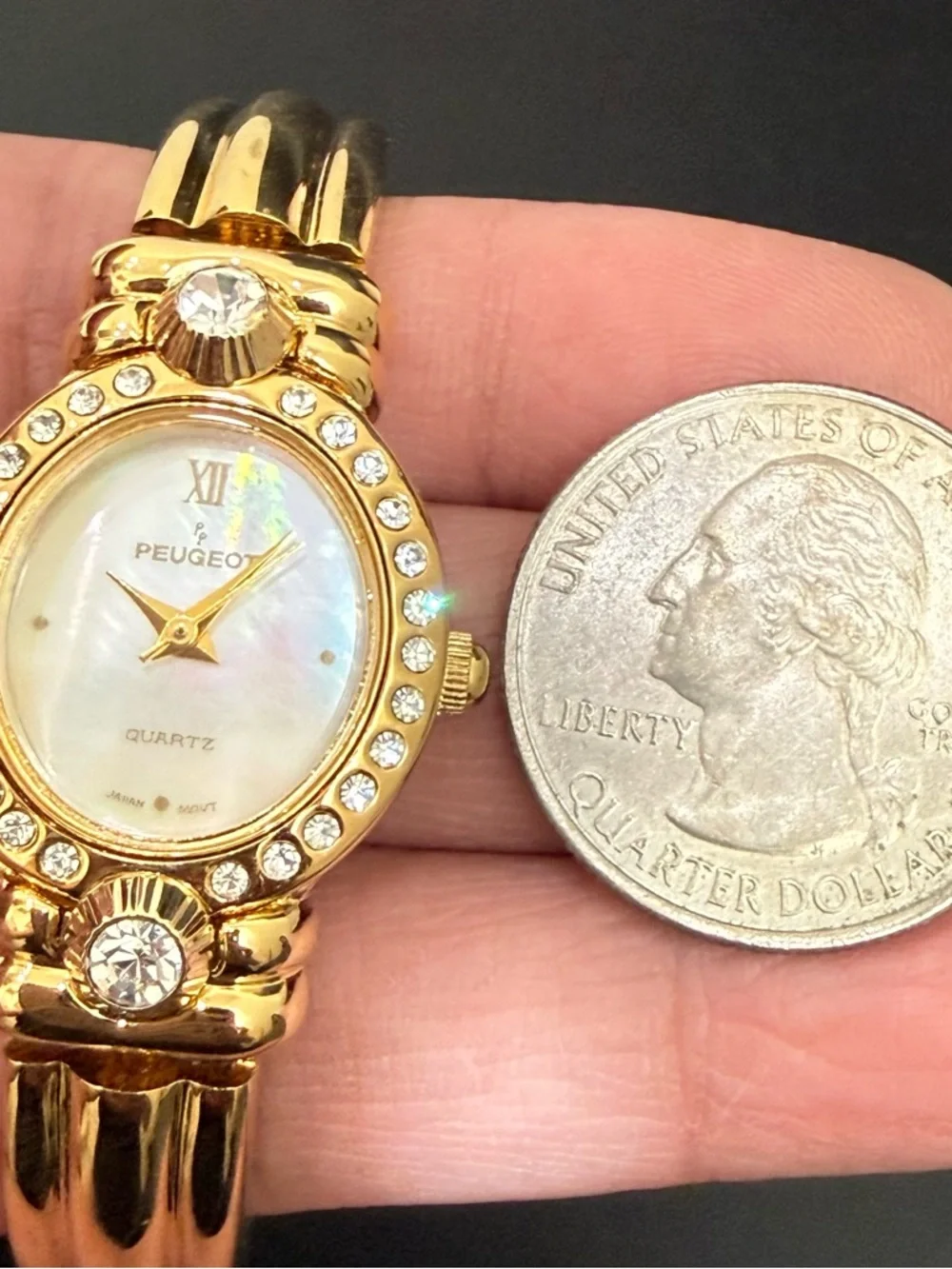 Vintage PEUGEOT Gold-tone Interchangeable Bezels & Studs Rhinestones Watch - Picture 7 of 13